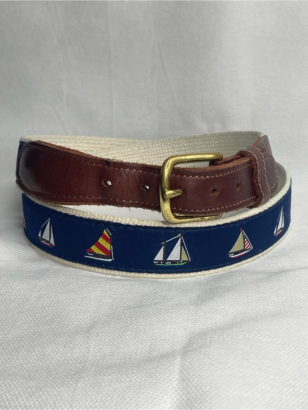 Preston Leather Products Sailboats Golf Belt Mens Size 38 Blue Cream Leather USA